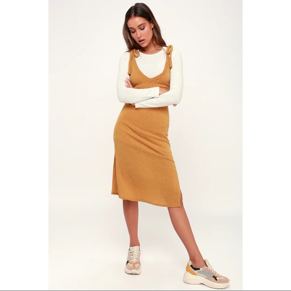 Rosaleen Dark Mustard Yellow Tie-Strap Ribbed Knit Midi Dress - Picture 5 of 5